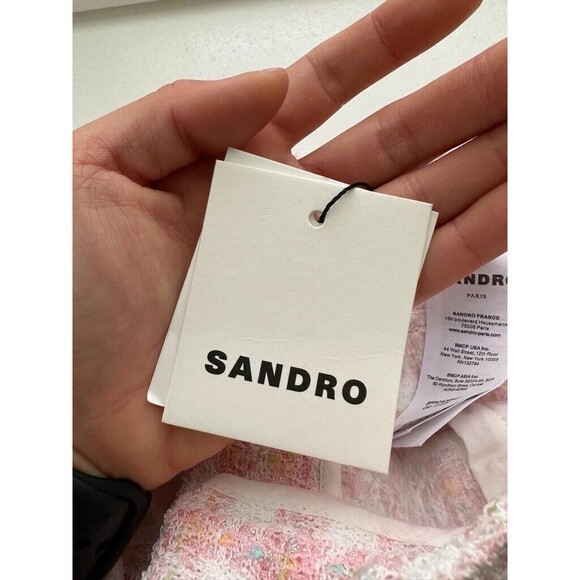 Sandro Women's Lian Tweed Flare Pants Pink White Gold Button Size S Waist 26 NEW - Picture 12 of 14